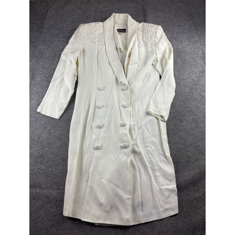 John‎ Roberts VTG Ivory Double Breasted Trench Soutache Shoulder Women's 11/12